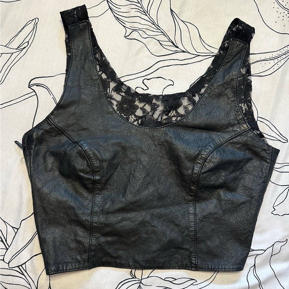 Sexy Vintage Black Lace Leather Crop Top